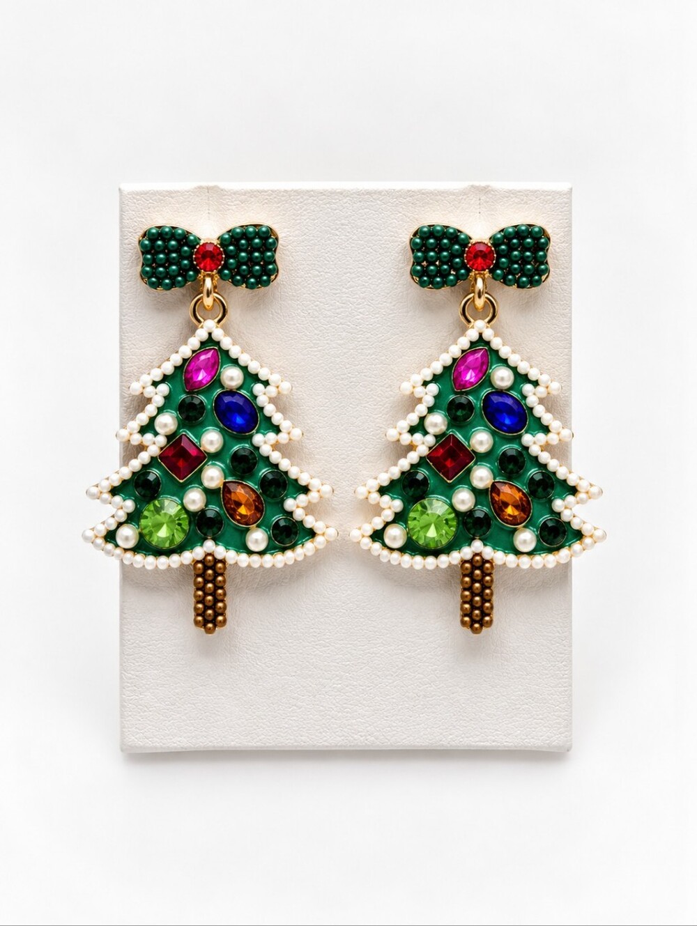 Green Christmas Tree Earrings Bow Rhinestone Pearl Holiday Statement Dangle New
